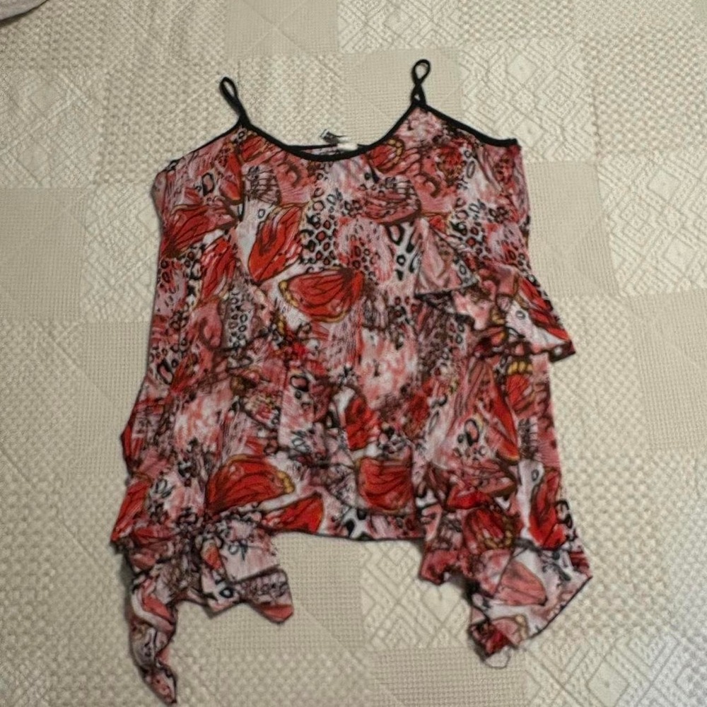 Y2K red multicoloured butterfly print asymmetrical top with ruffles
